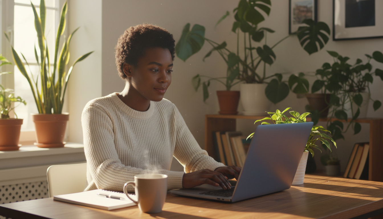 Young African woman writing an application on her laptop