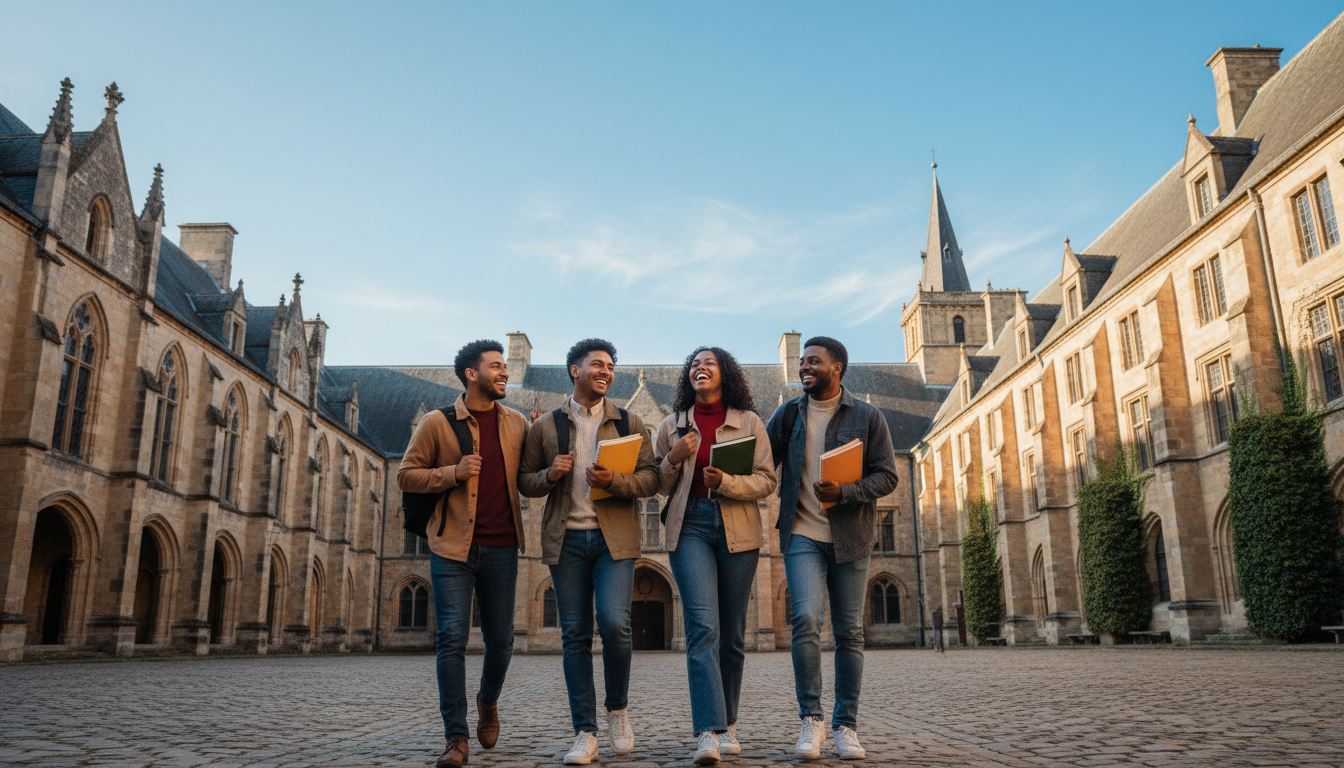 Young African students walking across a European university campus