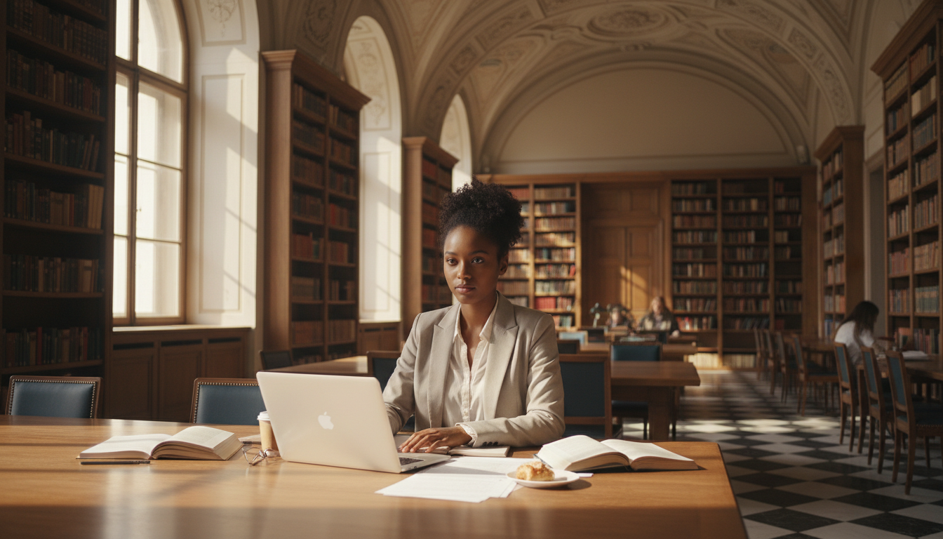 African student studying in a European university library